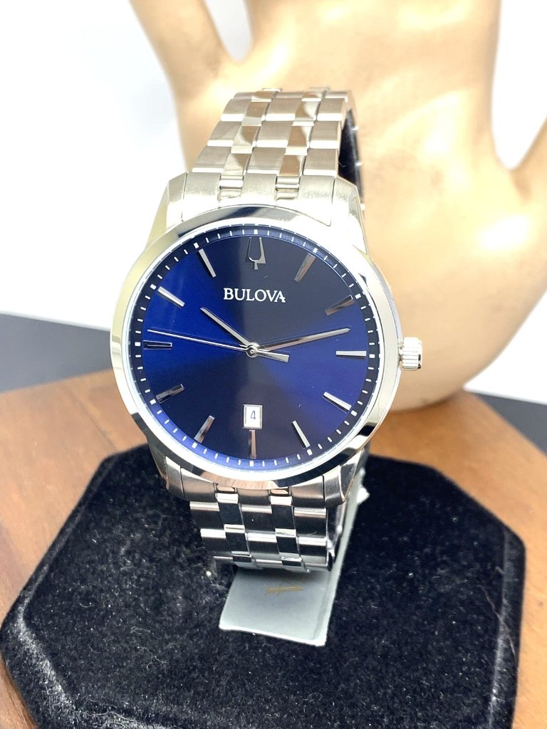 Bulova Mens Watch 96b338 Quartz Blue Dial Date Silver Stainless Steel 40mm
